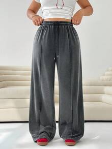 Solflare Women's Elastic Waist Drawstring Straight Leg Loose Casual Light Gray Sweatpants/Winter