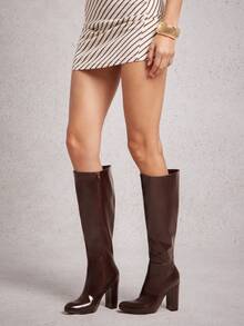 SHUZIA Giày bốt cao đến đầu gối đế vuông thoải mái cho nữ có khóa kéo bên hông - Màu nâu Sô-cô-la - Xem 4