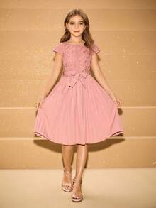 少女优雅奢华粉色圆领蝴蝶结中长连衣裙，适合度假、晚会、婚礼、花童、生日、毕业典礼、圣诞节、万圣节等场合 - 粉色 - 查看 3