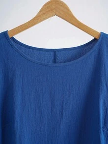 EMERY ROSE Plus Size Women Summer Royal Blue Solid Round Neck Short Sleeve Straight Casual Dress,Vacation Outfits Boho,Smart Casual Holiday Outfits For Women - Blue - View 4