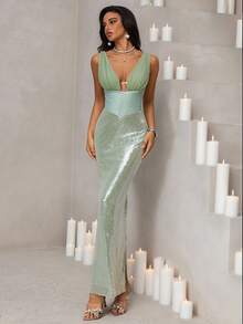 Vowa Modisch, sexy, avantgardistisch, Mesh, glänzend, grün, Pailletten, Satin Patchwork, Spaghettiträger, rückenfreies Kleid, geeignet für Nachtclub, Party, Strand, Urlaub, Cocktailparty