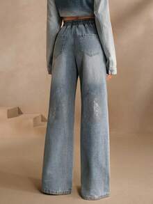 Anewsta New Women's Valentine's Day Printed Elastic Waistband Straight Leg Jeans - Blue - View 2