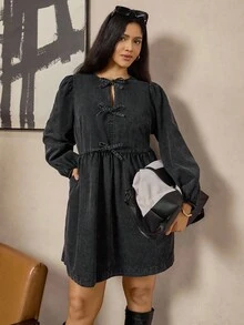 Zelara Vestido casual de talla grande para mujer con bolsillo, mangas de linterna y decoración de lazo en unicolor - Negro - Ver 7