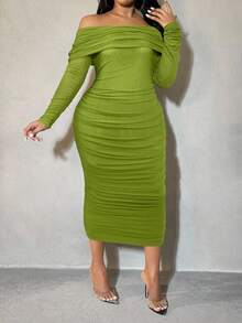 SHEIN SXY Plus Size Women Green Off-Shoulder Ruffle Mesh Bodycon Dress, Autumn - Green - View 6