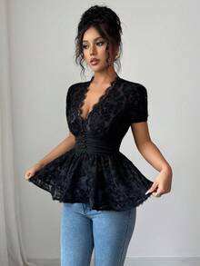 Elenzga Áo cánh ren bó sát cổ chữ V tương phản thời trang xuân/hè cho nữ - màu đen - Xem 4
