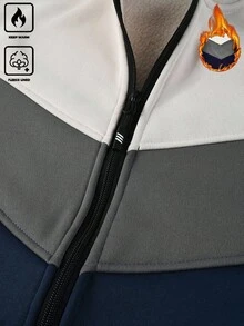 Manfinity Homme 男士秋冬开襟羊毛拼接夹克，带保暖内衬和立领，冬季外套，男士拉链夹克，男士保暖夹克，男士街头风夹克，男士飞行员夹克 - 彩色 - 查看 3