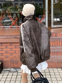 DAZY 女式撞色条纹拼布翻领 PU 皮夹克，休闲街头风格秋冬