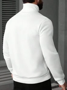 Manfinity CasualCool Men's Basic High Neck Simple English Embroidery Sweatshirt, White Turtleneck Sweatshirt, Fall Winter, Long Sleeve Top - White - View 2