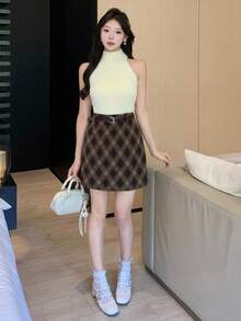 DAZY 女士格子A字迷你裙，休闲学院风秋冬女裙 - 棕色 - 查看 4