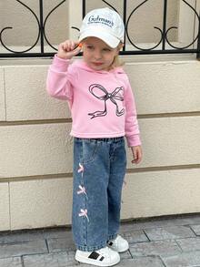 SHEIN 2pcs/Set 6Months-3Years Baby Fall Outfits For Girl Casual And Korean Style Suit,Bowknot-Printing ,Long Sleeves Hoodie&Long Jeans Winter - Pink - View 5