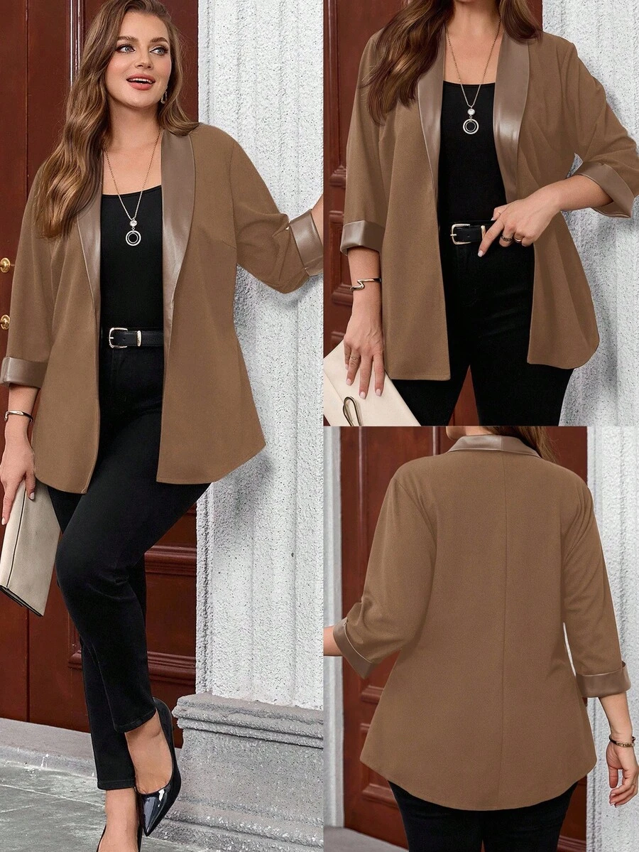 EMERY ROSE Plus Size Women's Casual Personalized Patchwork Leather Jacket, Spring/Autumn/Winter - Khaki - View 1