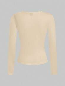 SHEIN EZwear 2pcs Women Crew Neck Casual Fitted Long Sleeve T-Shirt Set, Dark Brown & Light Beige, Suitable For Autumn/Winter - Multicolor - View 4