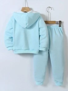 SHEIN 2 件套可爱卡通印花拉链连帽衫和慢跑裤套装，休闲街头服饰，舒适秋冬 - 藍色 - 查看 2