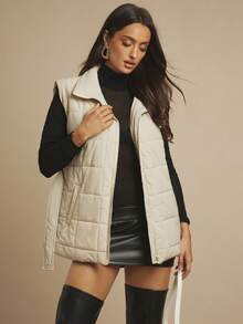 Silquee 女士秋冬时尚绗缝腰带背心棉服外套 - 杏色 - 查看 5