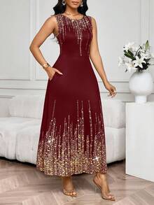 SHEIN Lady 女士优雅圆领无袖连衣裙，夏季 - 酒紅色 - 查看 5