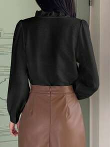 DAZY 优雅立领泡泡袖女式衬衫长袖上衣 - 黑色 - 查看 4