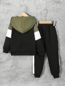 SHEIN Explorewe Young Boy Collegiate Style Color Block Zip-Up Hoodie Set, Spring/Autumn Fall Winter - Army Green - View 2