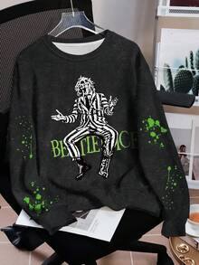 Beetlejuice X SHEIN Women's Crew Neck Long Sleeve Comfortable Casual Washed Horror English Letter Print Graphic Pullover Sweatshirt, Autumn/Winter - White - View 1