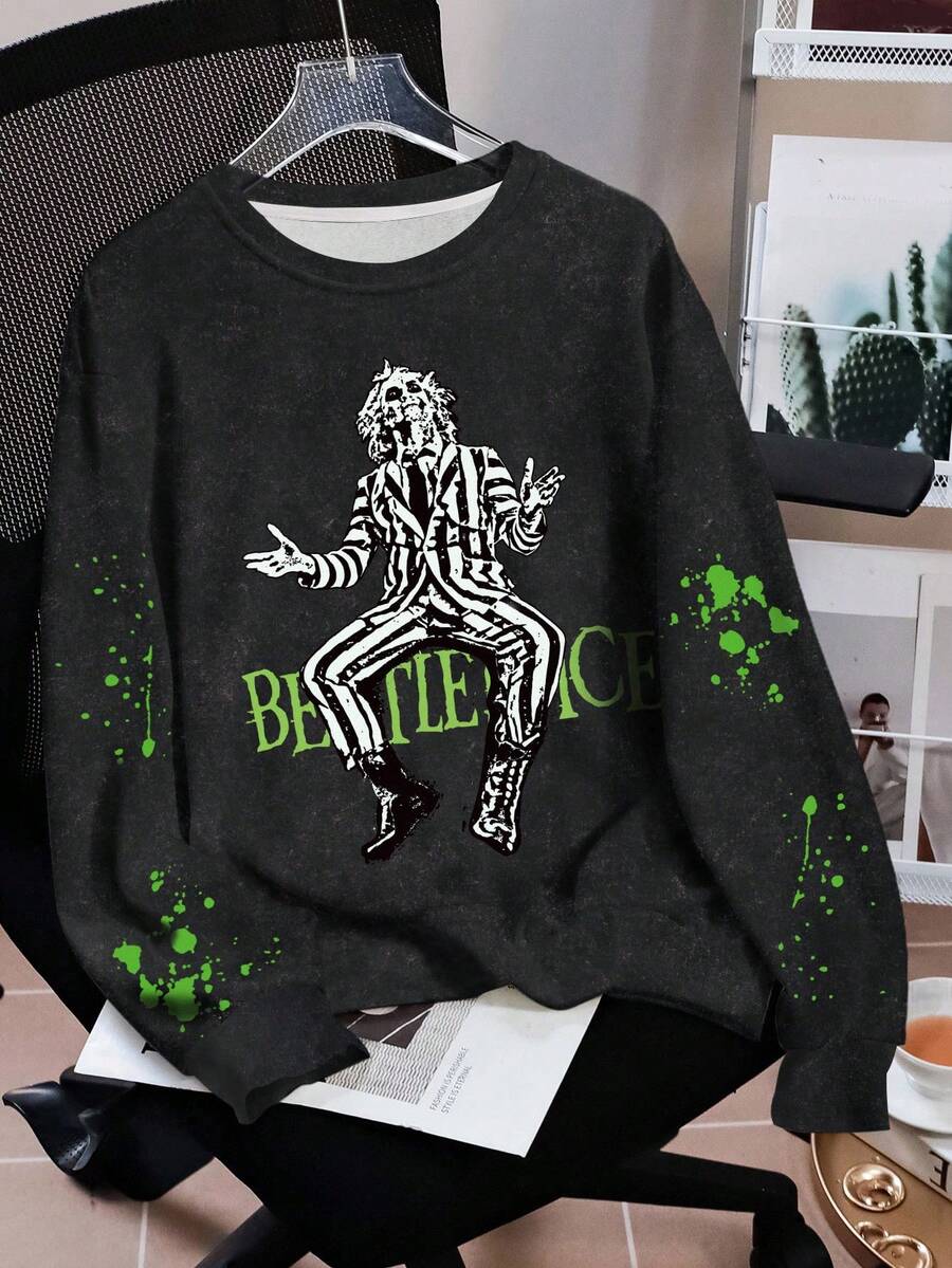 Beetlejuice X SHEIN Women's Crew Neck Long Sleeve Comfortable Casual Washed Horror English Letter Print Graphic Pullover Sweatshirt, Autumn/Winter - White - View 1