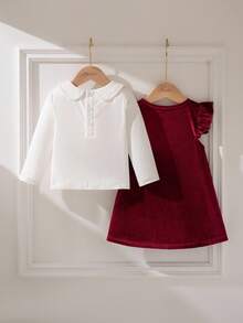Souflis Souflis 两件套：优雅的勃艮第天鹅绒连衣裙和白色长袖 T 恤，复古法式风格，适合派对、聚会、2025 年秋冬、婴儿和女婴 - 酒紅色 - 查看 3