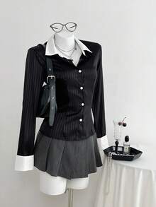 Elamini 1 pezzo Camicia casual a maniche lunghe da donna con bottoni davanti, a righe colorate e texture, adatta per l'uso quotidiano, autunno/inverno - nero - Visualizzare 3