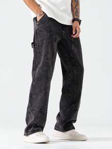 Manfinity Hypemode 男士休闲日常斜口袋宽松直筒牛仔裤 - 灰色 - 查看 7