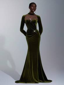 Elitara Elegant Velvet Handmade Rhinestone Decor Long Sleeve Round Neck Mermaid Hem Dress,Asymmetric Pleated Waist Fitted Gown For Weddings,Galas & Formal - Army Green - View 5