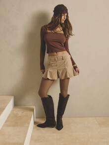 Aralina 冬季/秋季中腰高腰下摆米色灯芯绒褶皱高腰带扣腰带裙西部风女式裙子 - 卡其色 - 查看 1