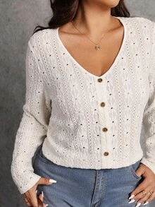Elaquor Plus Size Women's Fashionable & Elegant Eyelet Embroidery V-Neck T-Shirt Eyelet Top For Women White Cardigan