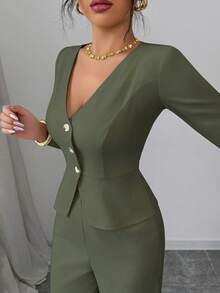 Selianne Bộ vest blazer dài tay thanh lịch và quần âu cho nữ, phong cách công sở/đi làm, phù hợp cho mùa hè, ngày độc lập, tốt nghiệp, trở lại trường - màu xanh lá - Xem 3