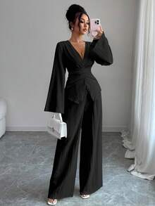 Elenzga 新款春秋季纹理奶油黄色女装，法式 V 领系带腰喇叭袖衬衫，蝴蝶结后背和高腰阔腿裤两件套，经典百搭，适合日常、通勤、度假、约会、派对 - 黑色 - 查看 6