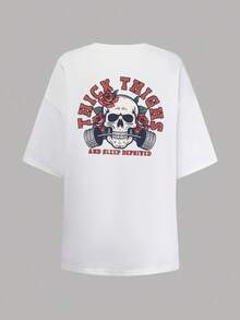 INAWLY T-shirt ample col rond pour femmes grandes tailles avec lettre et graphique tête de mort, manches tombantes et style décontracté - Blanc - Voir 4