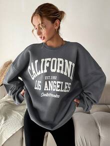 SHEIN Tall Women Letter Graphic Drop Shoulder Thermal Lined Sweatshirt - Grey - View 3