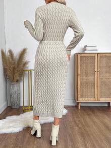EMERY ROSE 女士秋冬麻花图案圆领长袖抽绳腰部口袋修身优雅针织连衣裙 - 杏色 - 查看 2