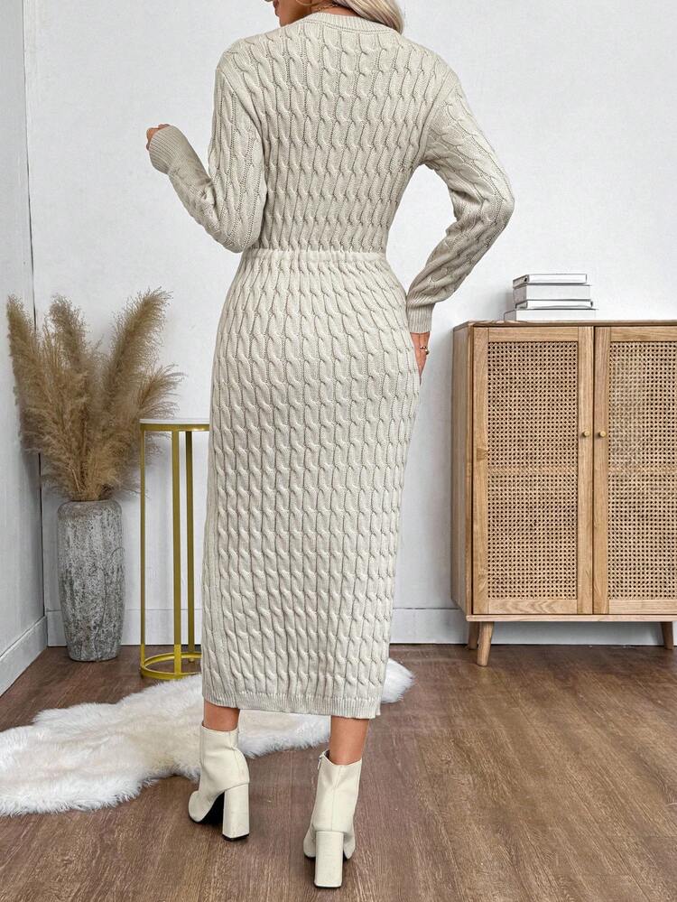 Women's Autumn/Winter Cable Pattern Round Neck Long Sleeve Drawstring Waist Pocket Fitted Elegant Knit Dress Fall Clothes For Women Knitted Dress For Women Long Sleeve Knitted Dress Cable Knit Dress Modest Knitted Dress Comfortable Knitted Dress Fall Outfits For Women Winter Dress Sweater Dress