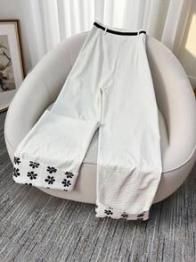 Franclia Quần ống đứng thường ngày dành cho nữ có cạp chun, dây đai và cổ tay áo in họa tiết, vừa vặn thoải mái, quần ống đứng màu trắng, tiệc mừng lễ Tạ ơn năm mới mùa thu - Màu be - Xem 2