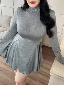 Modelyn فستان محبوك أنيق وكاجوال بلون سادة مقاس كبير للنساء - رمادي - مشاهدة 5