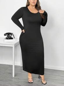 SHEIN CURVE+ 大尺碼純色圓領貼身長洋裝 2026 秋冬聖誕款 22W - 黑色 - 查看 5
