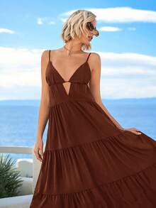 女式夏季海滩镂空前褶边吊带长款黑色连衣裙 - 棕色 - 查看 4