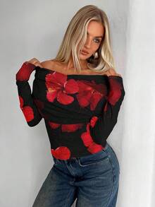 Aloruh Women's Elegant Black And Red Flower Allover Print Open Shoulder T-Shirt, Asymmetrical Cinched Waist Long Sleeve Top For Autumn Night Out Party - Multicolor - View 4