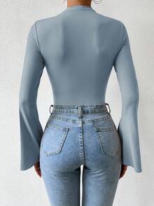 RosyDaze 女式纯色束腰喇叭袖飘逸紧身衣 - 藍色 - 查看 3