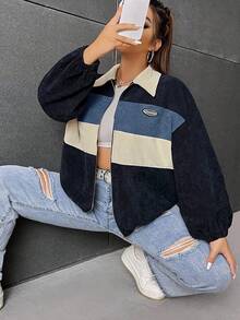 SHEIN EZwear 秋冬大码拼色拉链夹克 - 彩色 - 查看 1