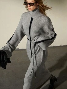 Aveloria Modichic 女式拼色休闲宽松长款毛衣裙 - 灰色 - 查看 3