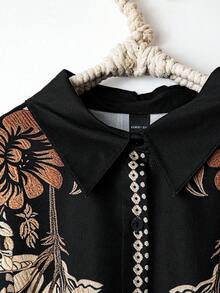 SHEIN CURVE+ Elegante conjunto casual de mujer de 2 piezas con camisa de manga larga tipo cárdigan de patrón floral versátil y cómodo, y falda de cintura elástica, en color negro y albaricoque, adecuado para primavera, verano y otoño, talla grande