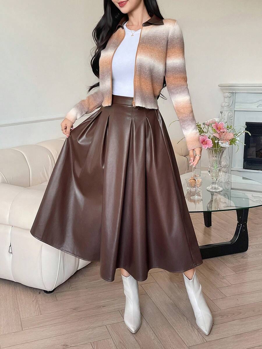 DAZY 女款 PU 拼接漸層色開襟衫與裙子兩件套,秋季女款居家休閒套裝 - 咖啡棕 - 查看 1