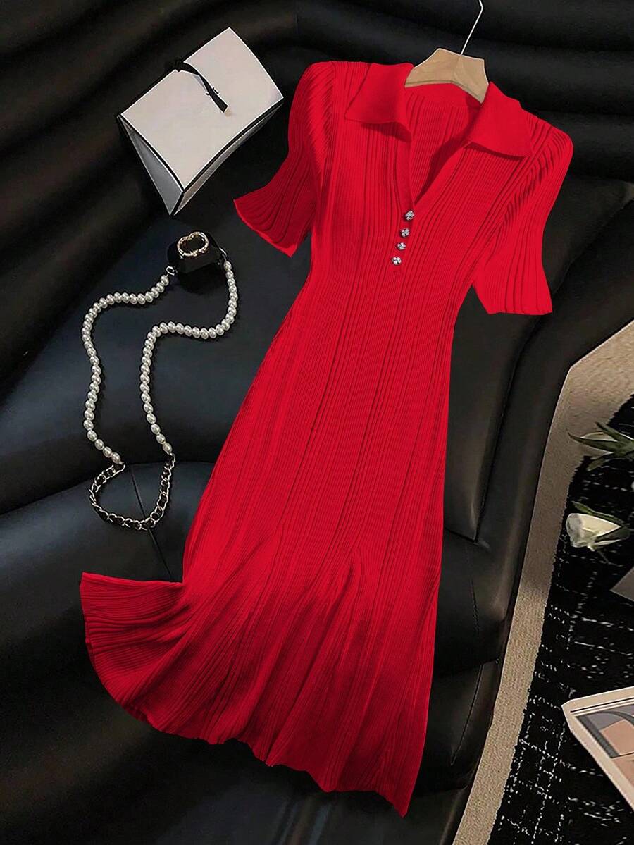 Franclia Women's Short Sleeve Cardigan Maxi Sweater Dress - Red - View 1