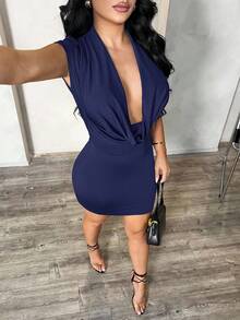 SHEIN SXY 女式性感黑色垂坠式低胸露背修身迷你连衣裙，夏季 - 藏蓝色 - 查看 3
