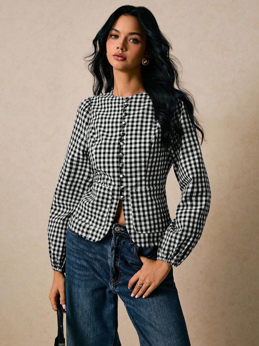 Poéselle Women's Plaid Round Neck Puff Sleeve Single-Breasted Casual Shirt - Black and White - View 1