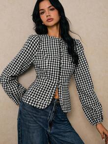 Poéselle Women's Plaid Round Neck Puff Sleeve Single-Breasted Casual Shirt - Black and White - View 3