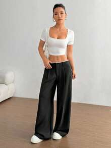 SHEIN Unity 女士百搭腰部拼接高端设计侧袋修身直筒黑色长裤，适合日常、上学、办公和商务场合穿着。 - 黑色 - 查看 6